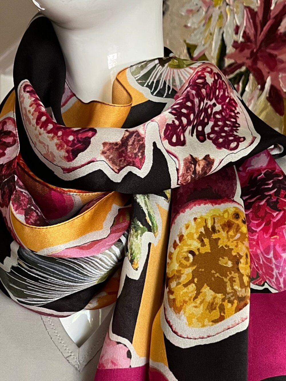 Marc Cain Long Fruit an Floral Silk Scarf - Authentic